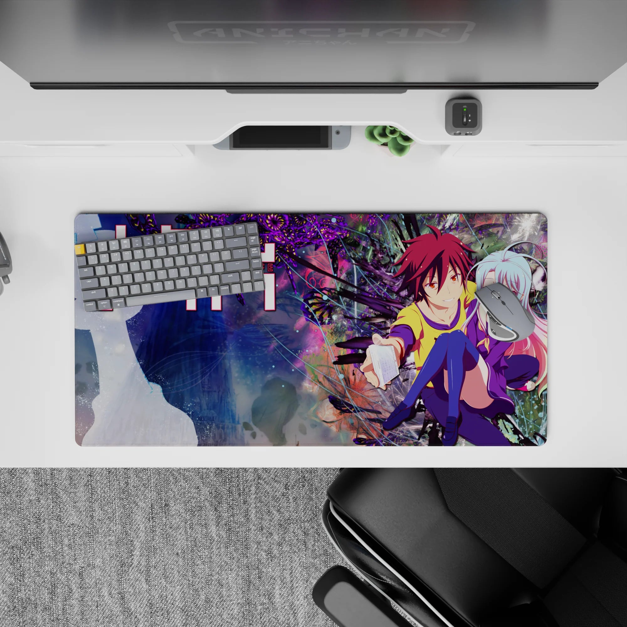 Neon purple, pastel blue-to-pink hair, cozy cute desk mat anime girl mouse pad, 32x16 inches.