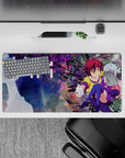 Neon purple, pastel blue-to-pink hair, cozy cute desk mat anime girl mouse pad, 32x16 inches.