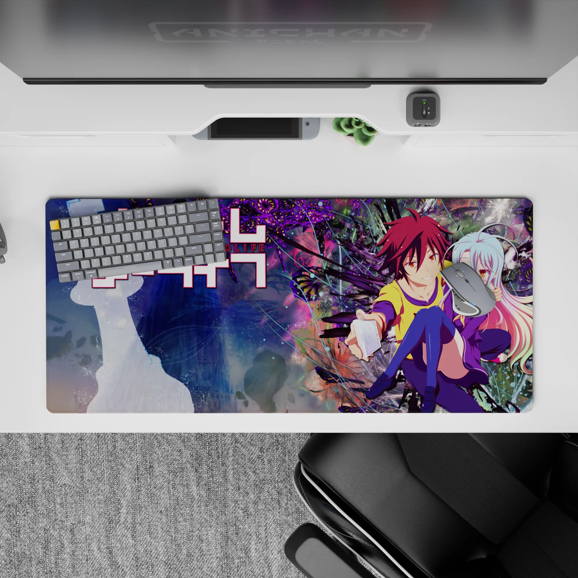 36x16 inches desk pad in neon purples and inky feather bursts, pastel blue-to-pink hair, cozy bright mood.