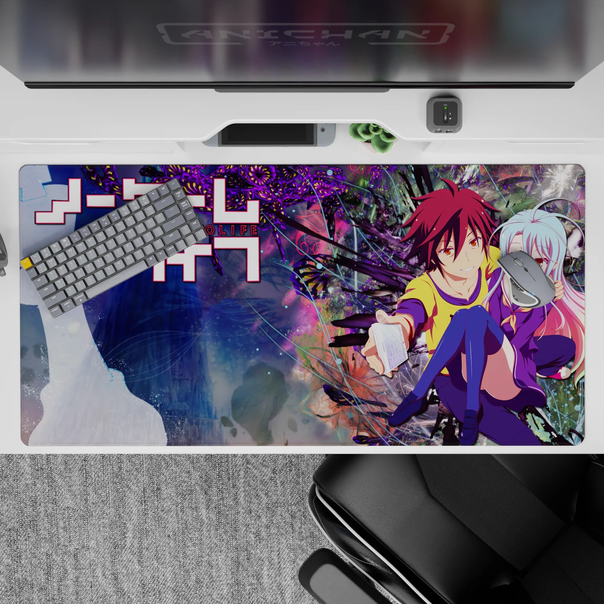 Neon purple, pastel blue-to-pink hair desk pad 40x20 inches, cozy cute vibe with bright hoodie pop.