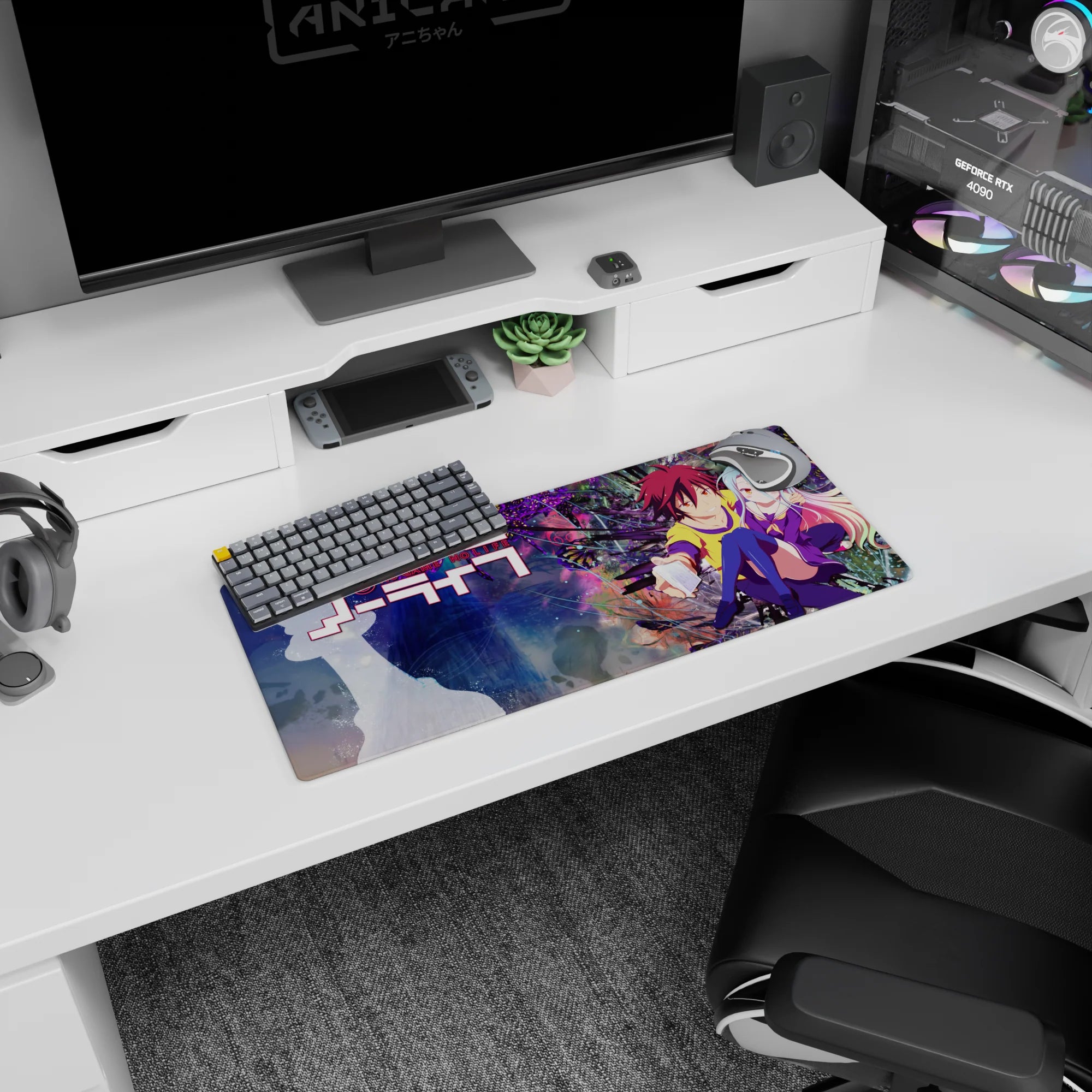Shiro cuddled beside Sora with his hand reaching out on an anime girl mouse pad 28x12 inches.