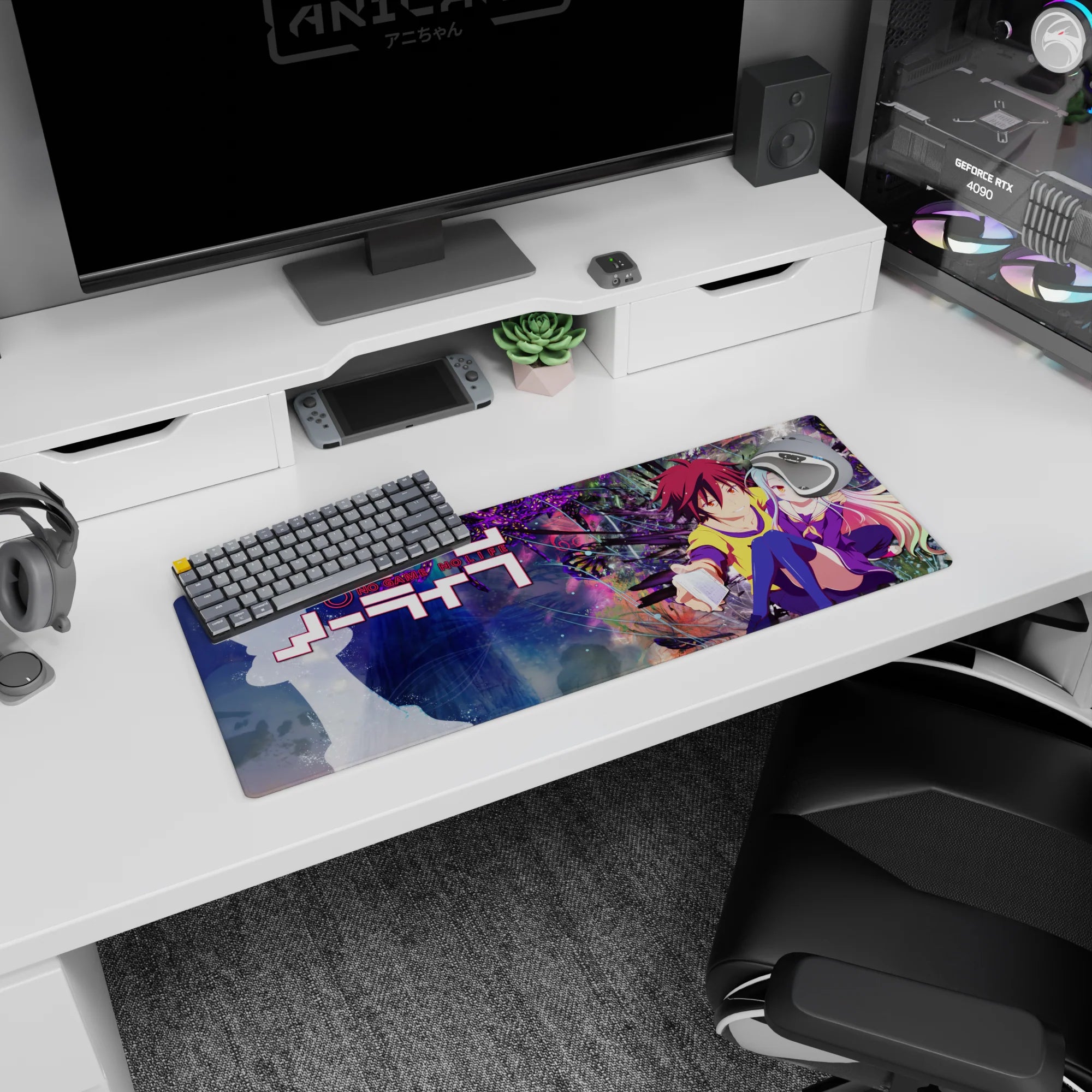 Shiro beside Sora, yellow hoodie and violet outfit, hand reaching out on anime girl mouse pad 32x12 inches.