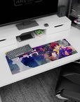 Shiro beside Sora, yellow hoodie and violet outfit, hand reaching out on anime girl mouse pad 32x12 inches.