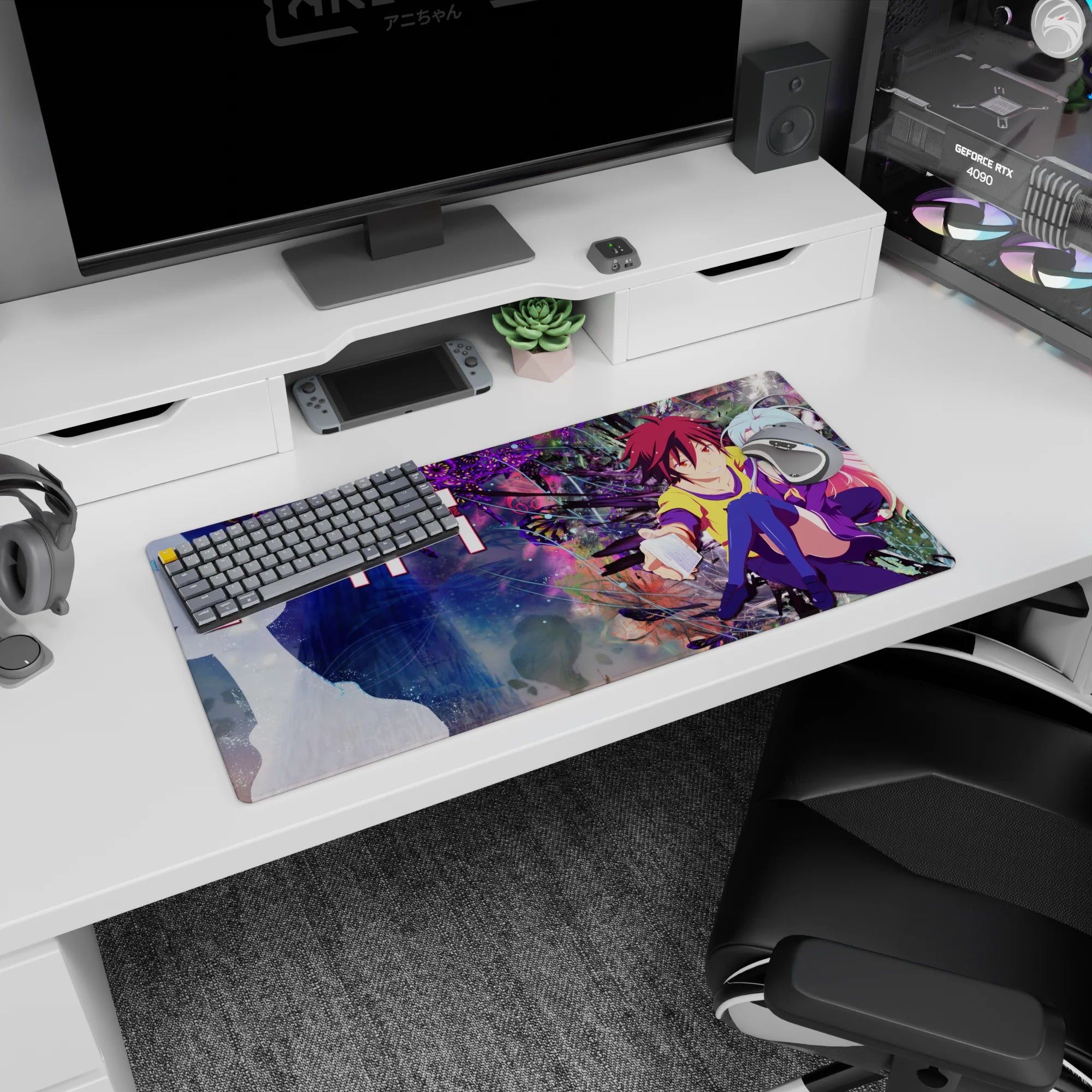 Shiro beside Sora with playful outstretched hand, yellow hoodie anime girl mouse pad, 32x16 inches.