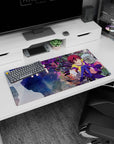 Shiro beside Sora with playful outstretched hand, yellow hoodie anime girl mouse pad, 32x16 inches.