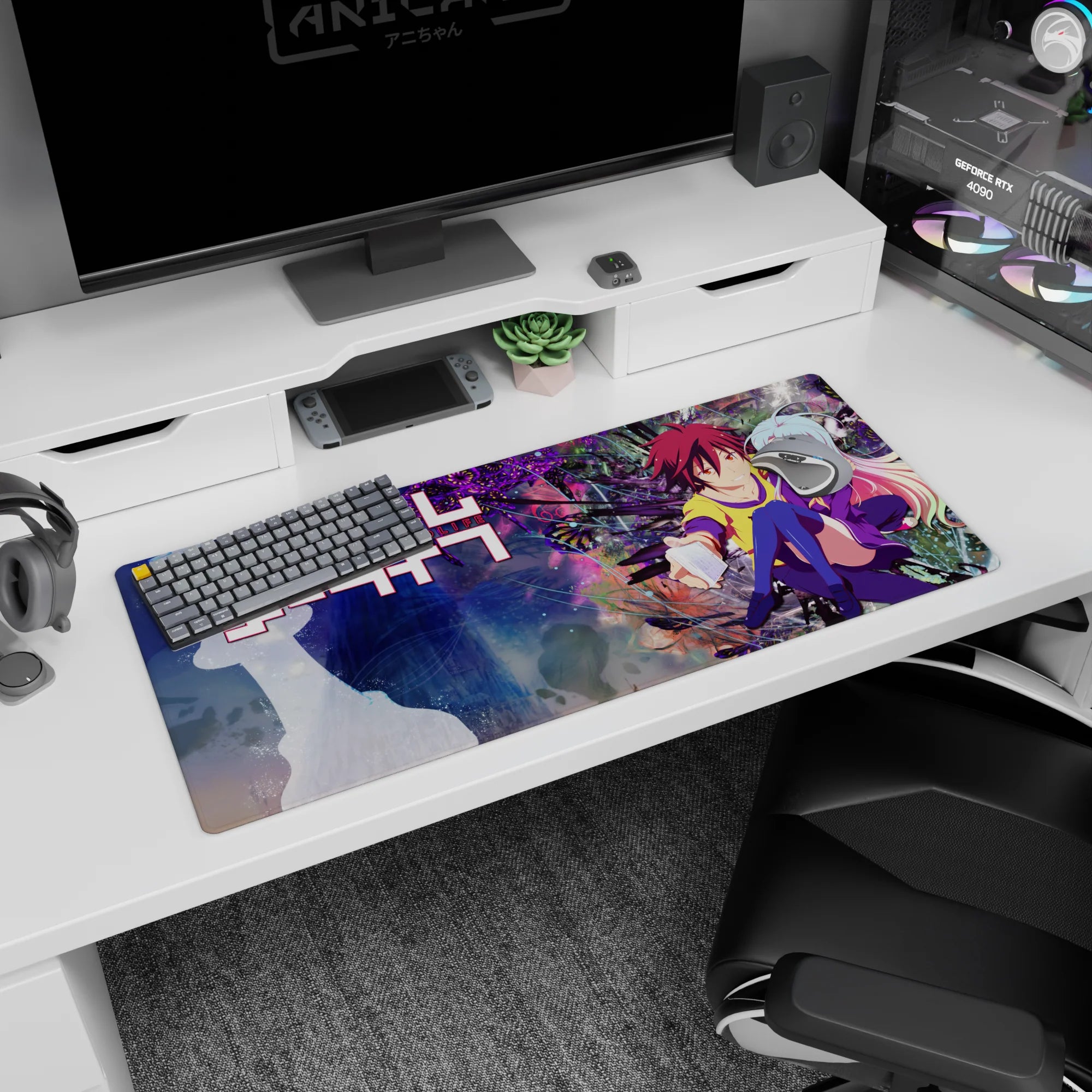 36x16 inches No Game No Life desk pad showing Shiro beside Sora, yellow hoodie, violet outfit, hand reaching out.