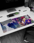 36x16 inches No Game No Life desk pad showing Shiro beside Sora, yellow hoodie, violet outfit, hand reaching out.