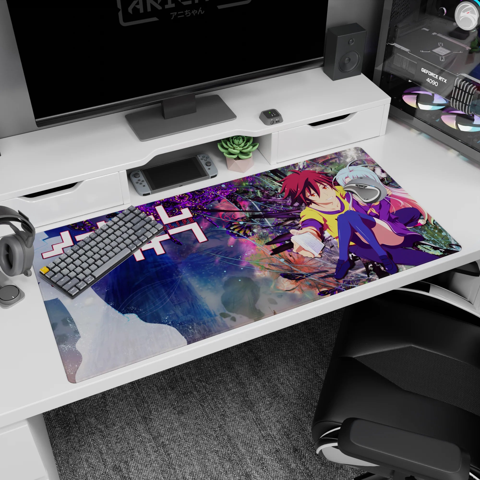 Shiro cuddled beside Sora with his hand reaching out on desk pad 40x20 inches, playful anime scene.