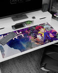 Shiro cuddled beside Sora with his hand reaching out on desk pad 40x20 inches, playful anime scene.