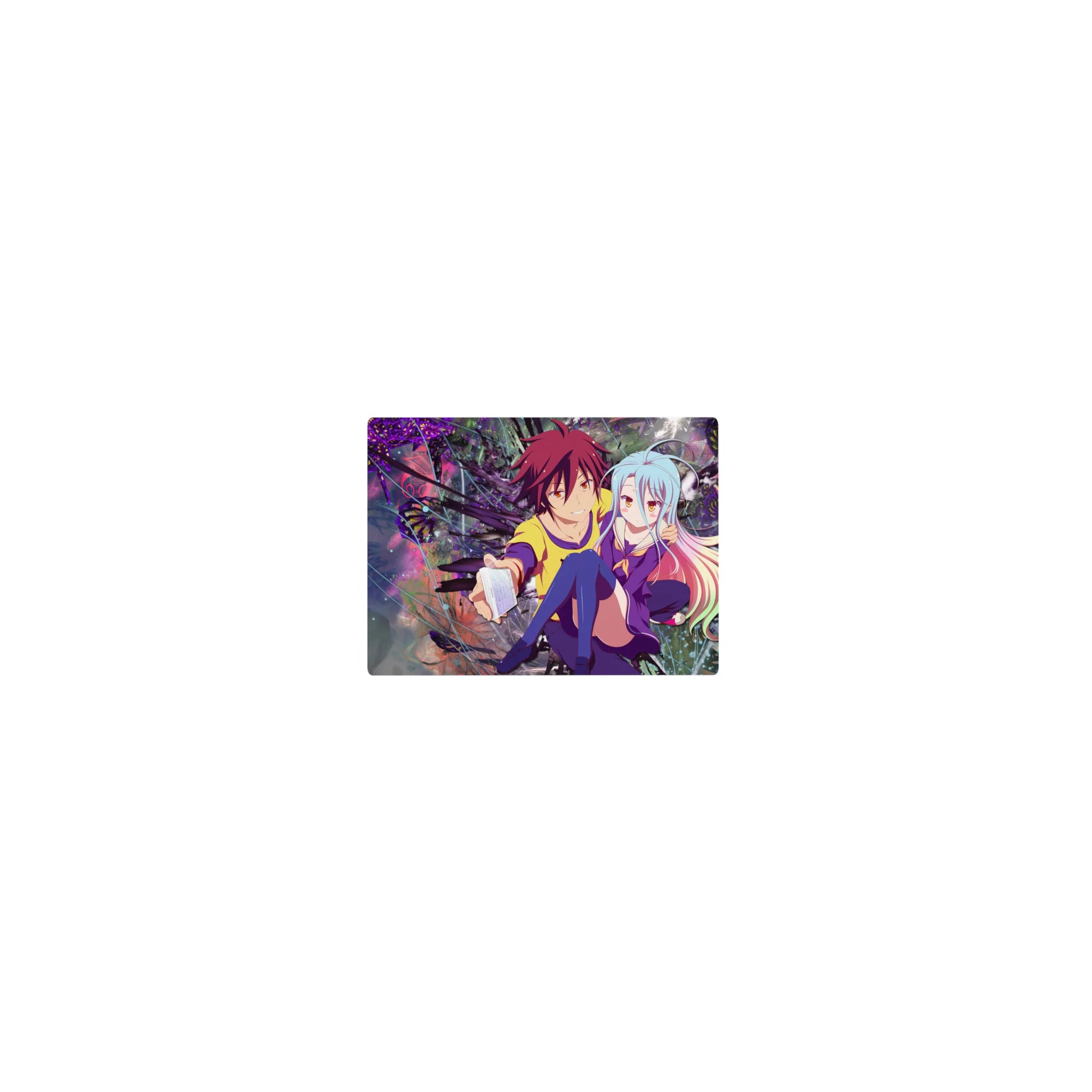 Classic anime girl mouse pad 14x10 inches with Shiro and Sora, neon purple backdrop, cute desk decor.