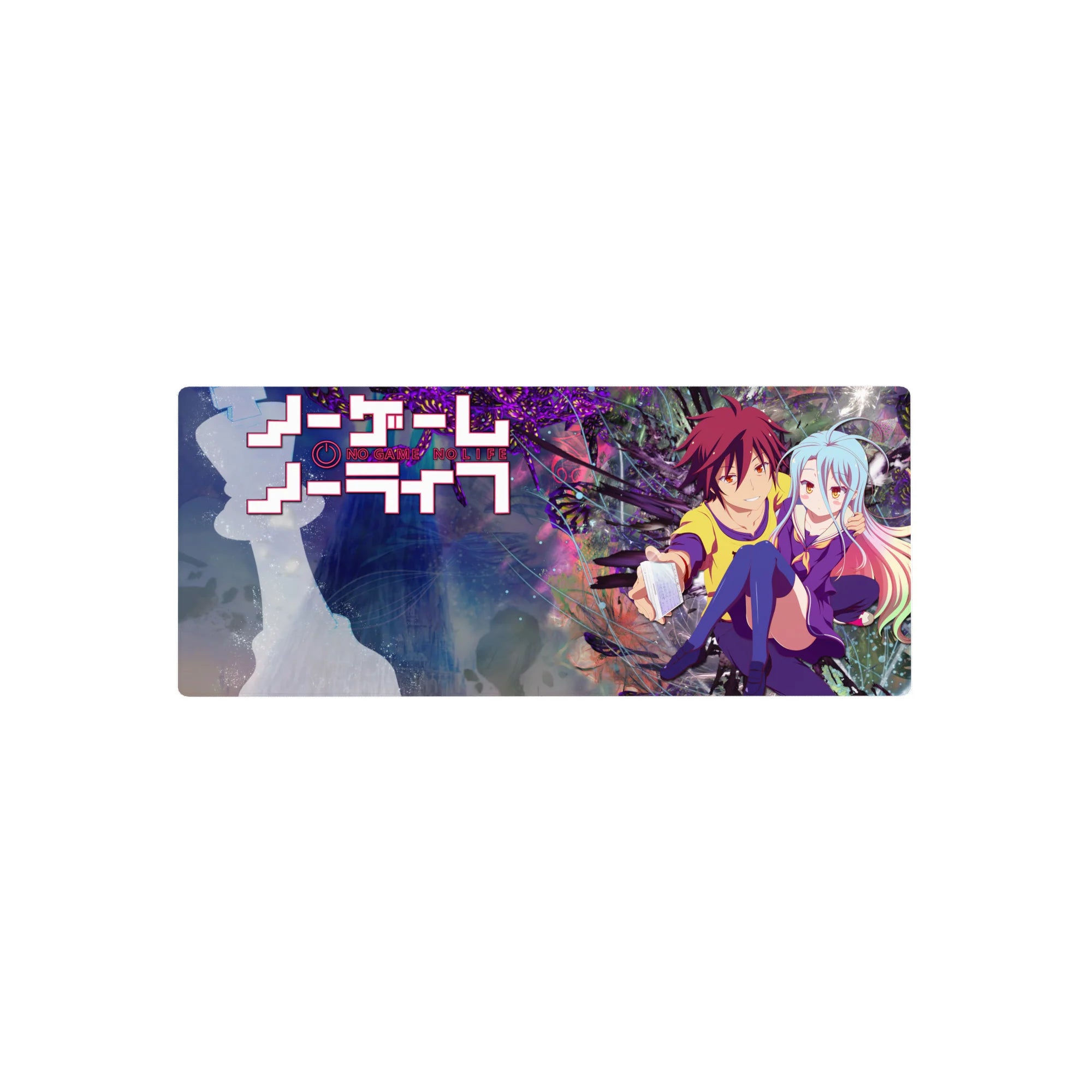 No Game No Life anime girl mouse pad 28x12 inches with Shiro and Sora, neon purple backdrop and feather bursts.