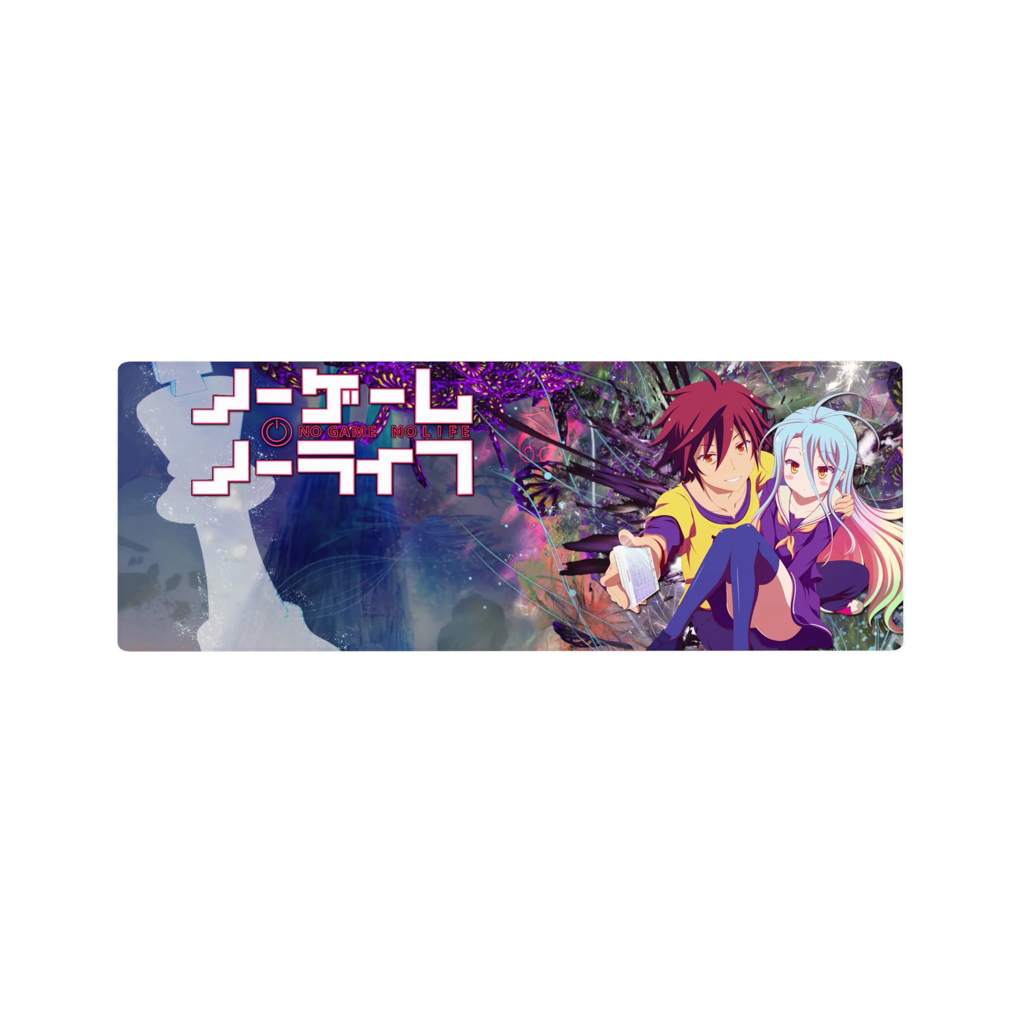 No Game No Life anime girl mouse pad 32x12 inches with Shiro and Sora, neon feather burst backdrop.