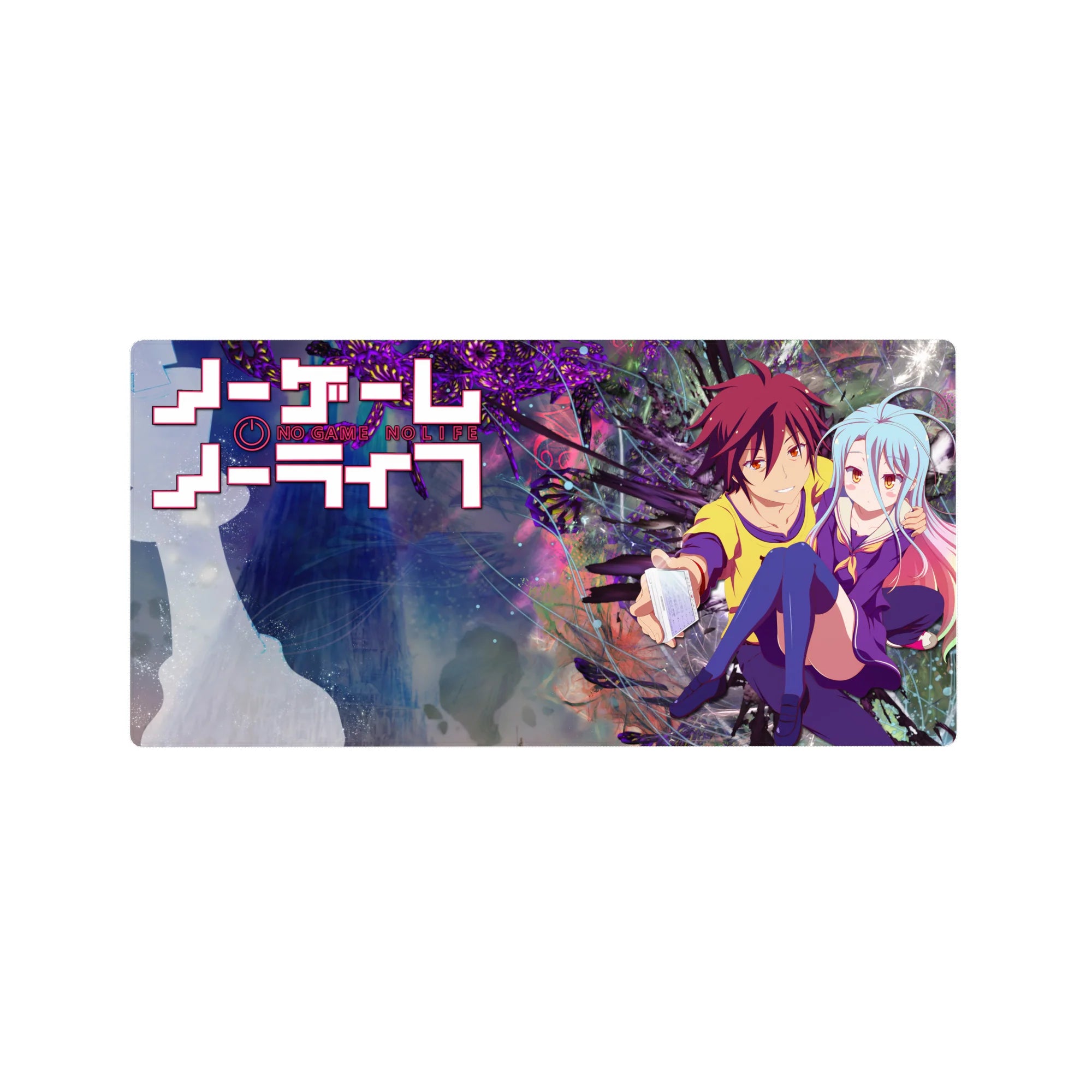 No Game No Life anime girl mouse pad, Shiro and Sora neon feather burst design, 32x16 inches.