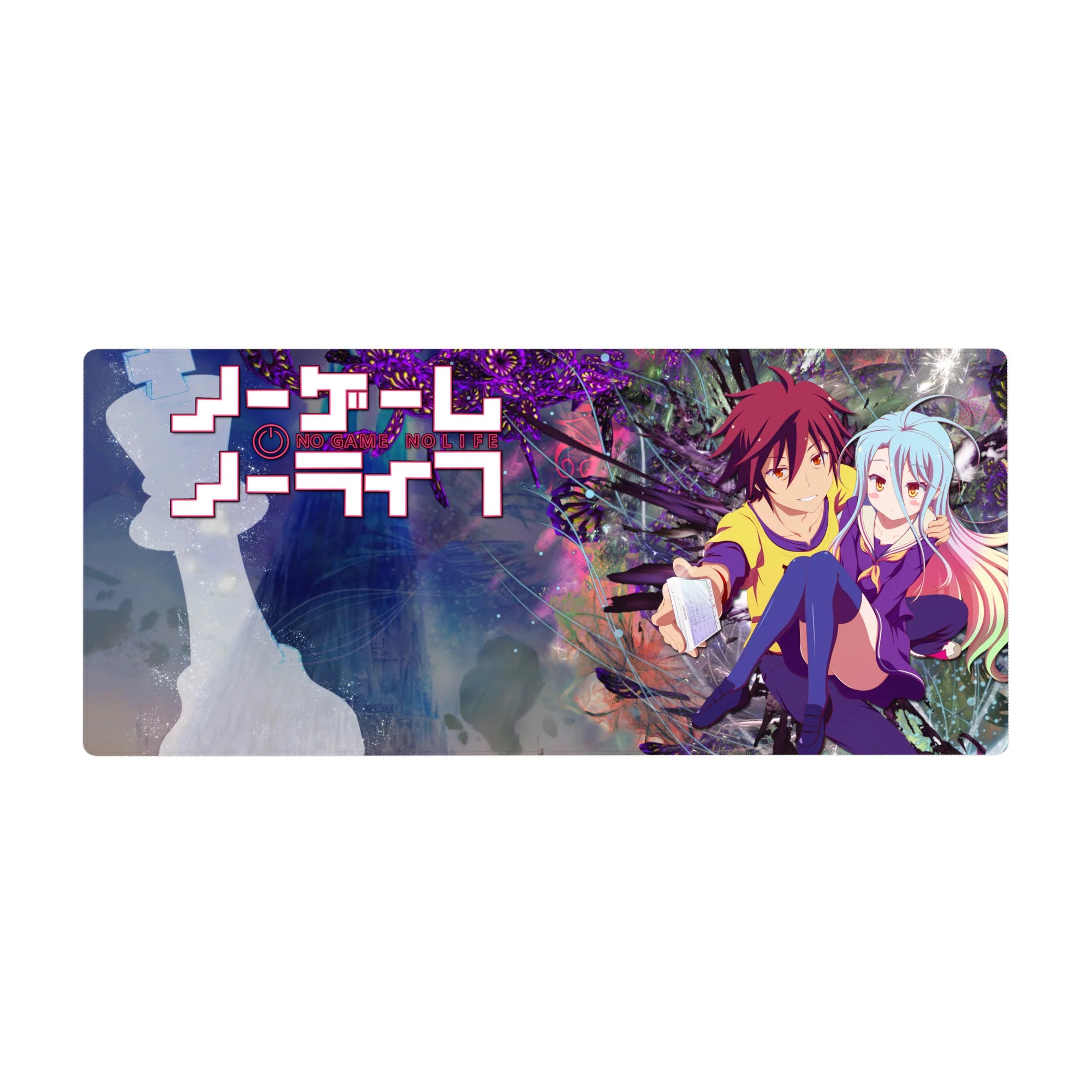 36x16 inches anime girl desk pad with Shiro and Sora, neon purple backdrop, pastel hair, cute gaming vibe.