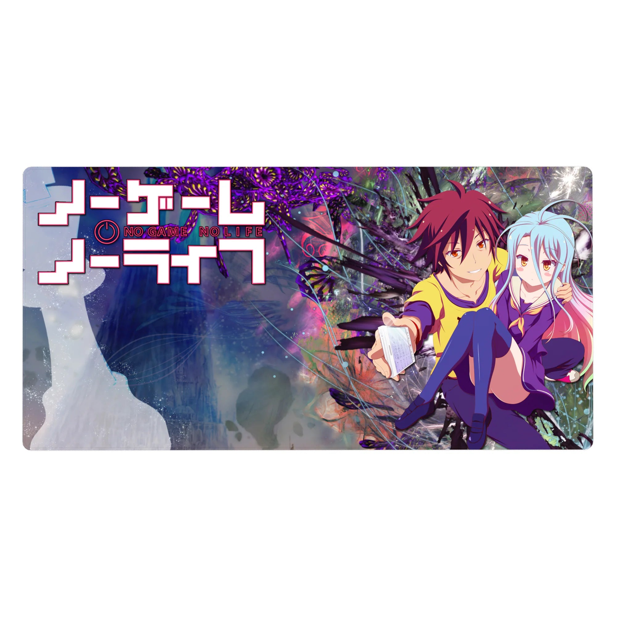 No Game No Life anime girl desk pad 40x20 inches with Shiro and Sora, neon feather burst backdrop.