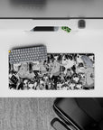 28x12 inches anime girl mouse pad in crisp black ink, cute chaotic vibe with wide eyes and tiny frowns.