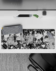 32x12 inches anime girl mouse pad in crisp black and white, chaotic-cute deadpan faces and bold ink linework.