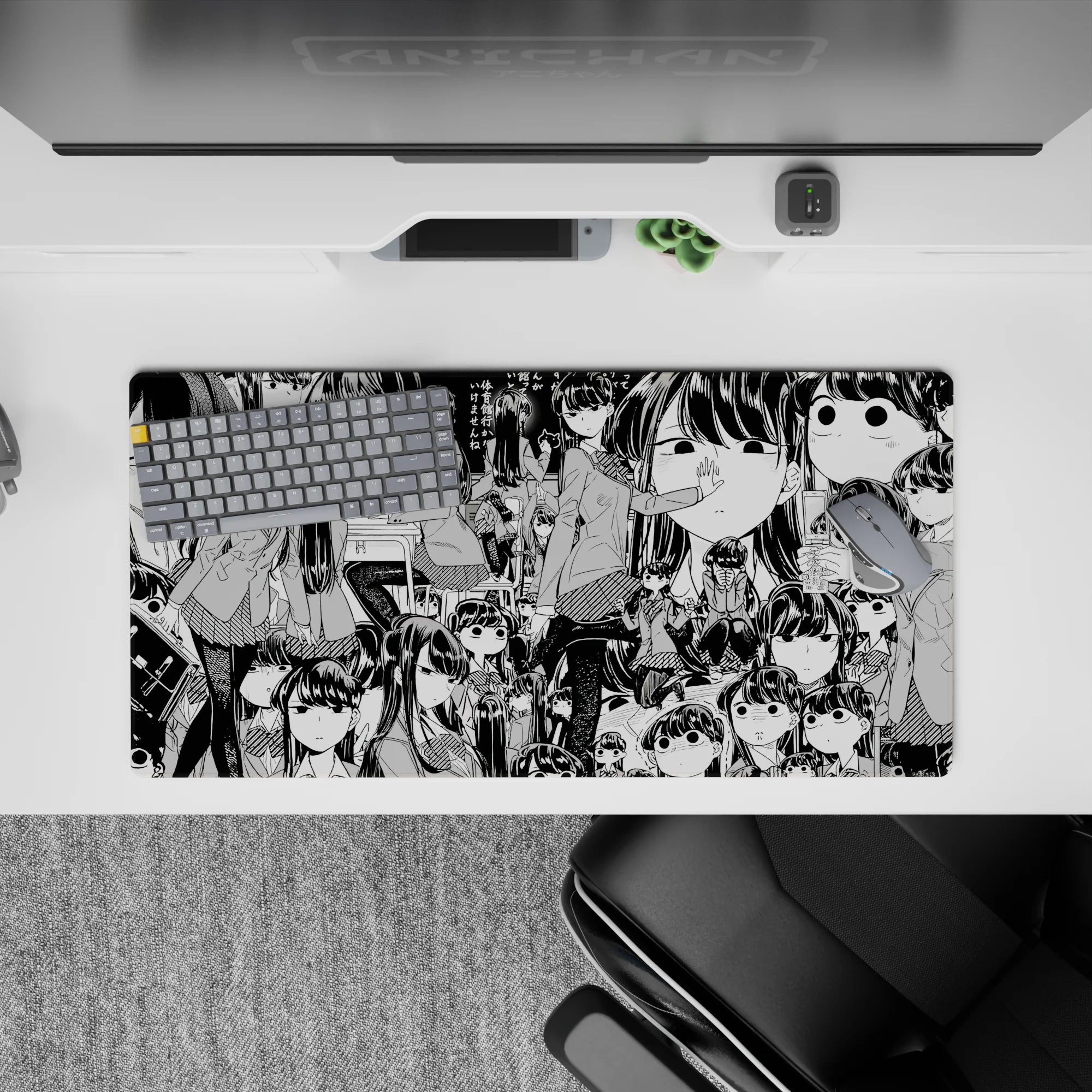 32x16 inches black-and-white anime girl mouse pad, deadpan cute mood with bold crisp ink linework.