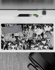 32x16 inches black-and-white anime girl mouse pad, deadpan cute mood with bold crisp ink linework.