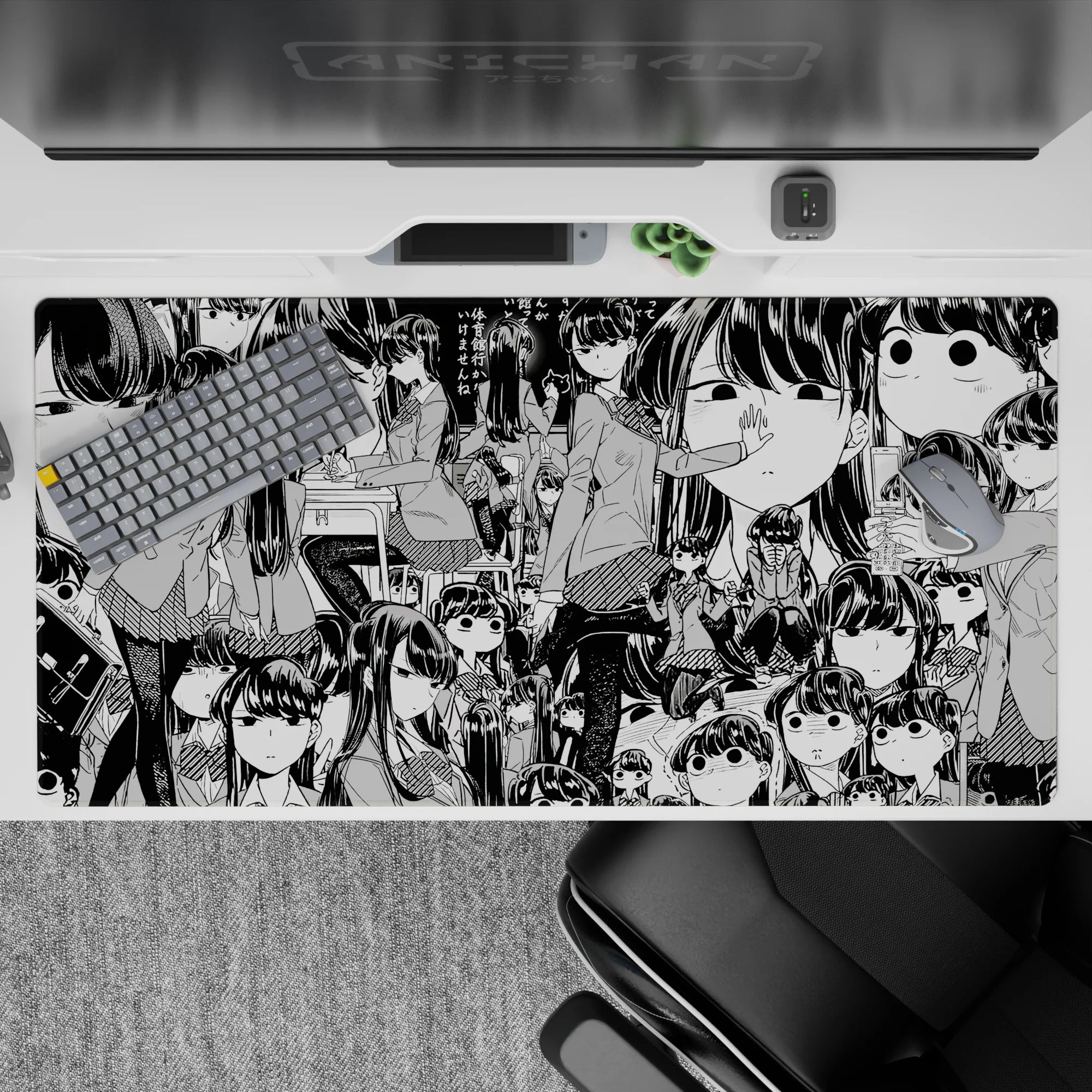 40x20 inches black-and-white manga-style anime girl desk pad with deadpan faces, funny not scary mood.