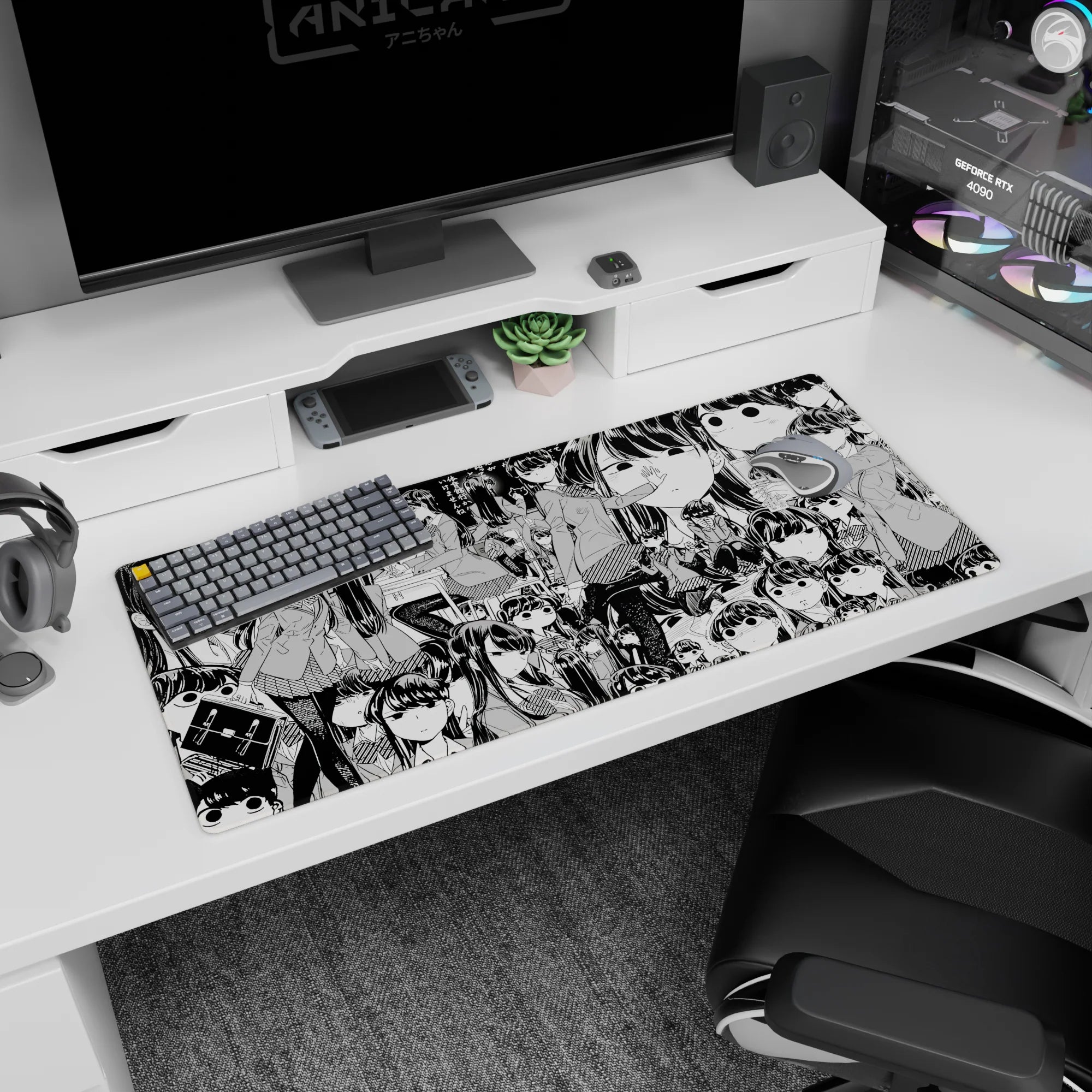 36x16 inches anime desk pad showing a schoolgirl selfie as others lean in like a secret club crowd.