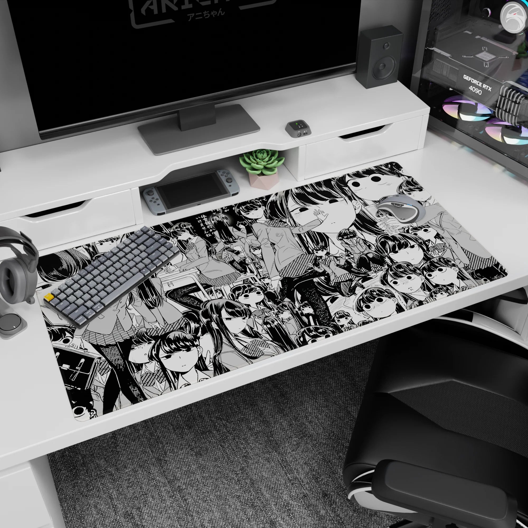 40x20 inches anime girl desk pad showing one girl taking a selfie as others lean in like a secret club.