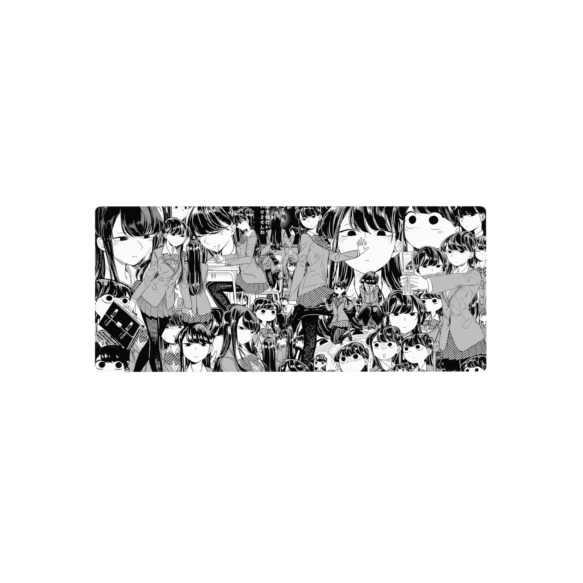 28x12 inches anime girl mouse pad with black-and-white manga collage of deadpan schoolgirls in uniform.
