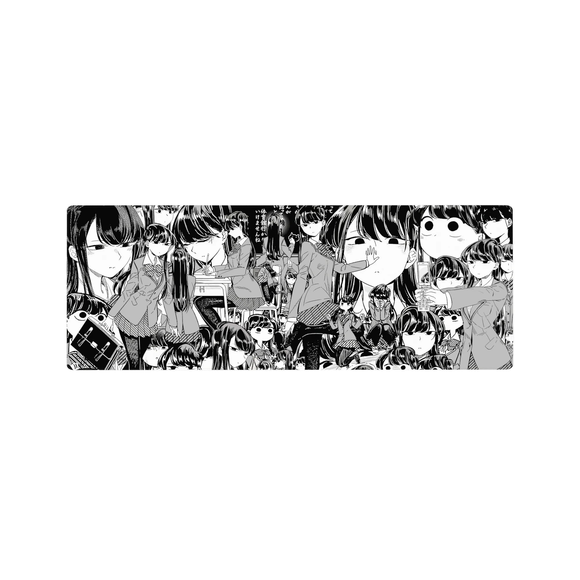 32x12 inches anime girl mouse pad with black-and-white manga collage of schoolgirls in blazers and pleated skirts.