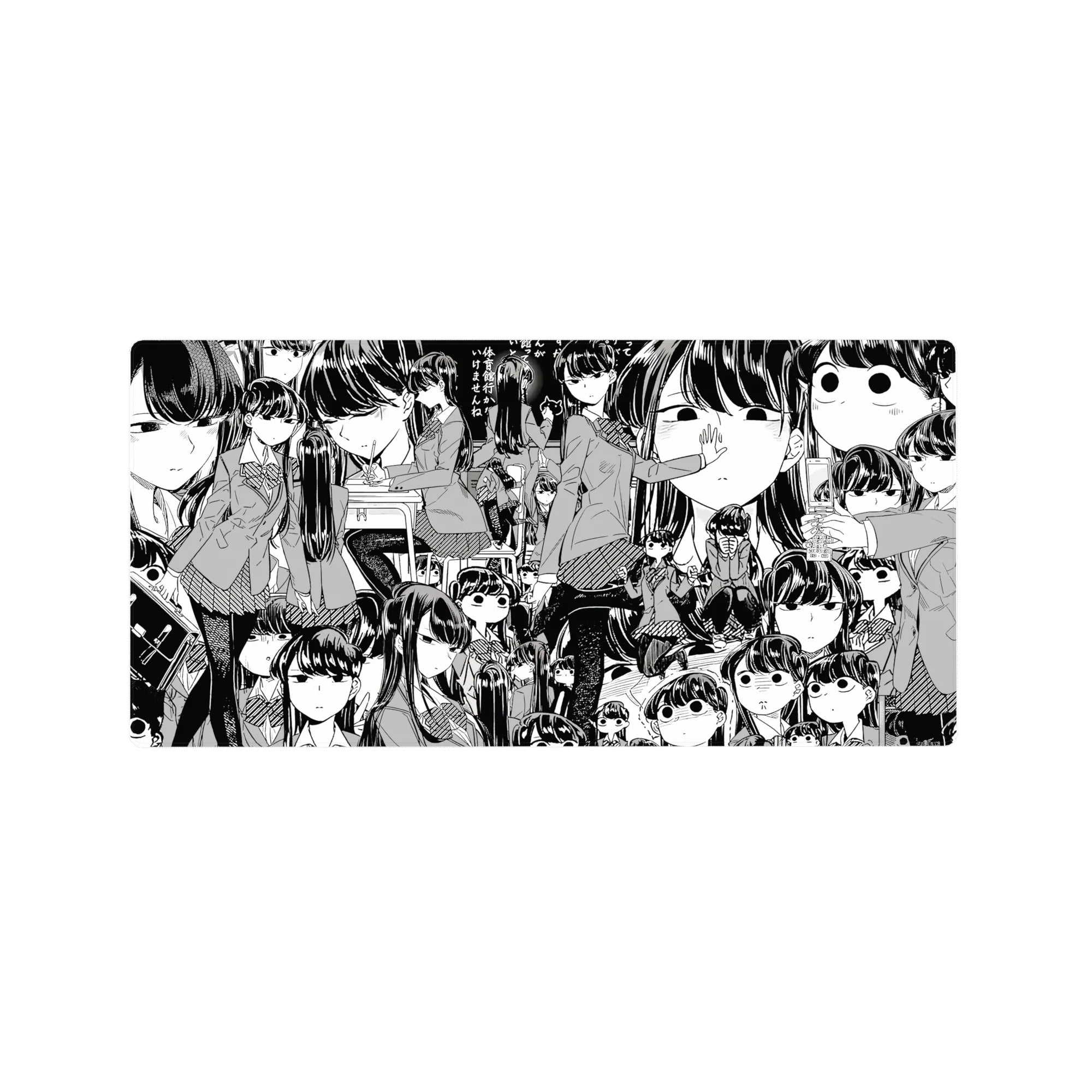 32x16 inches anime girl mouse pad with repeating schoolgirls in blazers and pleated skirts, manga collage.