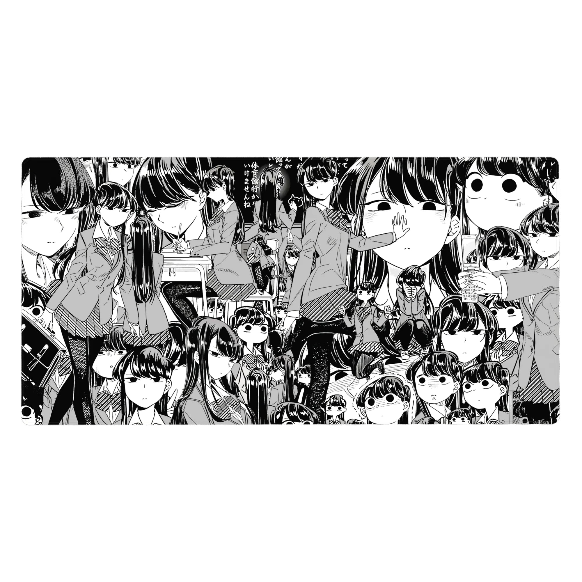40x20 inches anime girl desk pad with chaotic-cute collage of schoolgirls in blazers and pleated skirts.