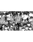 40x20 inches anime girl desk pad with chaotic-cute collage of schoolgirls in blazers and pleated skirts.