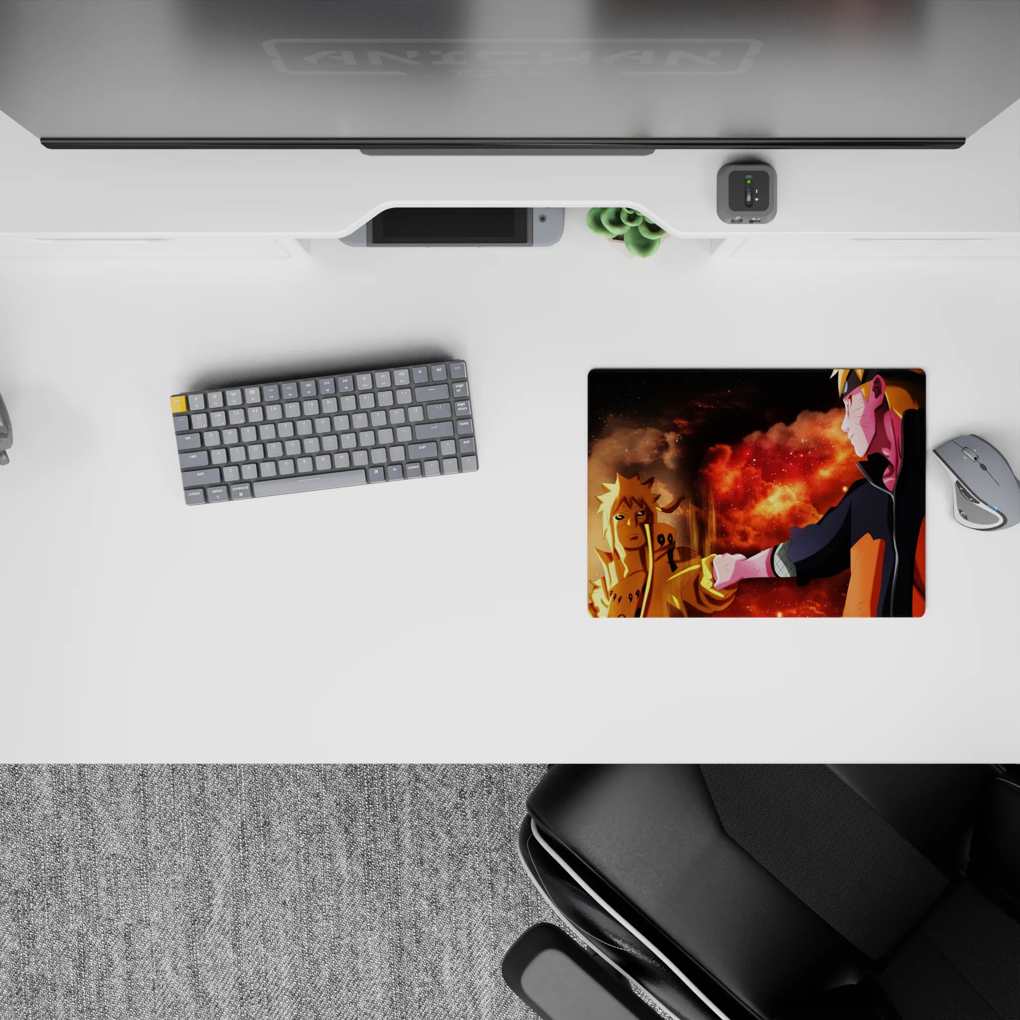 Crimson cloud and ember speck anime mouse pad 14x10 inches with deep shadows and warm, heroic tone.