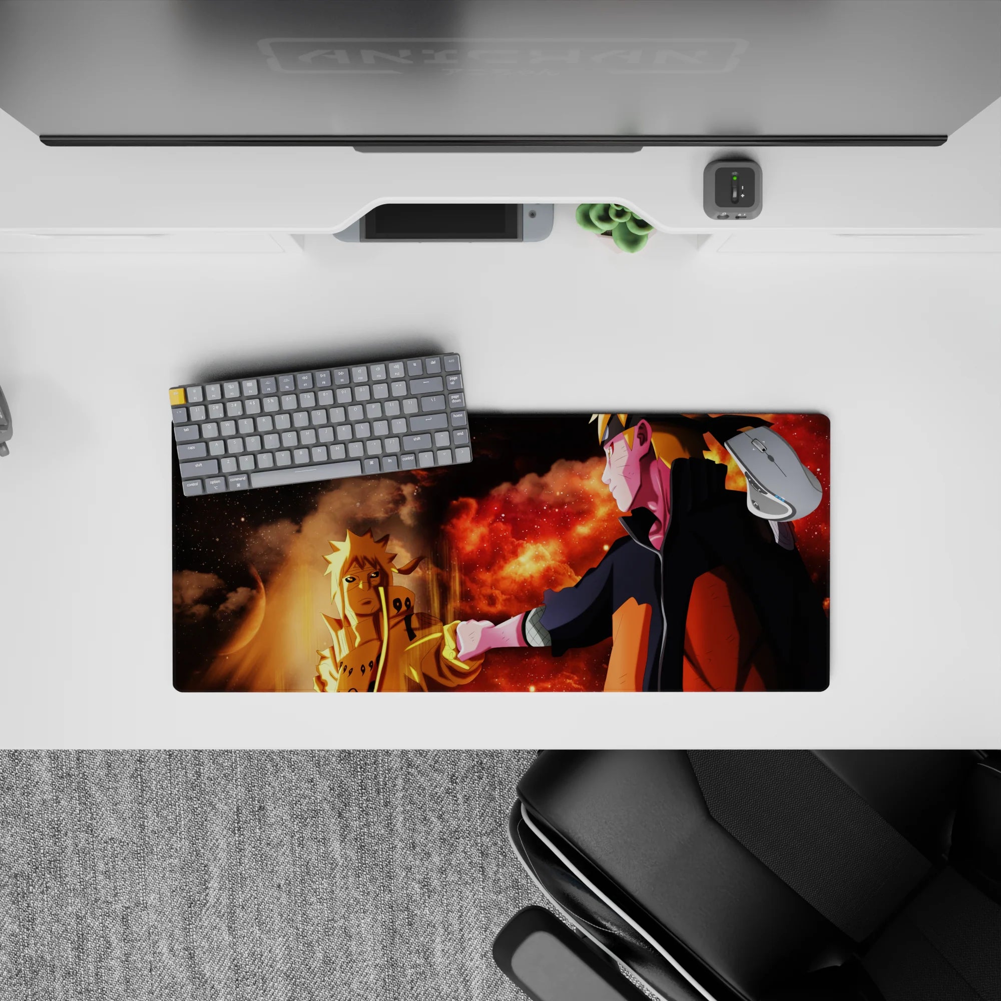 28x12 inches anime mouse pad in warm crimson and deep shadow tones with ember specks, dramatic yet soft.