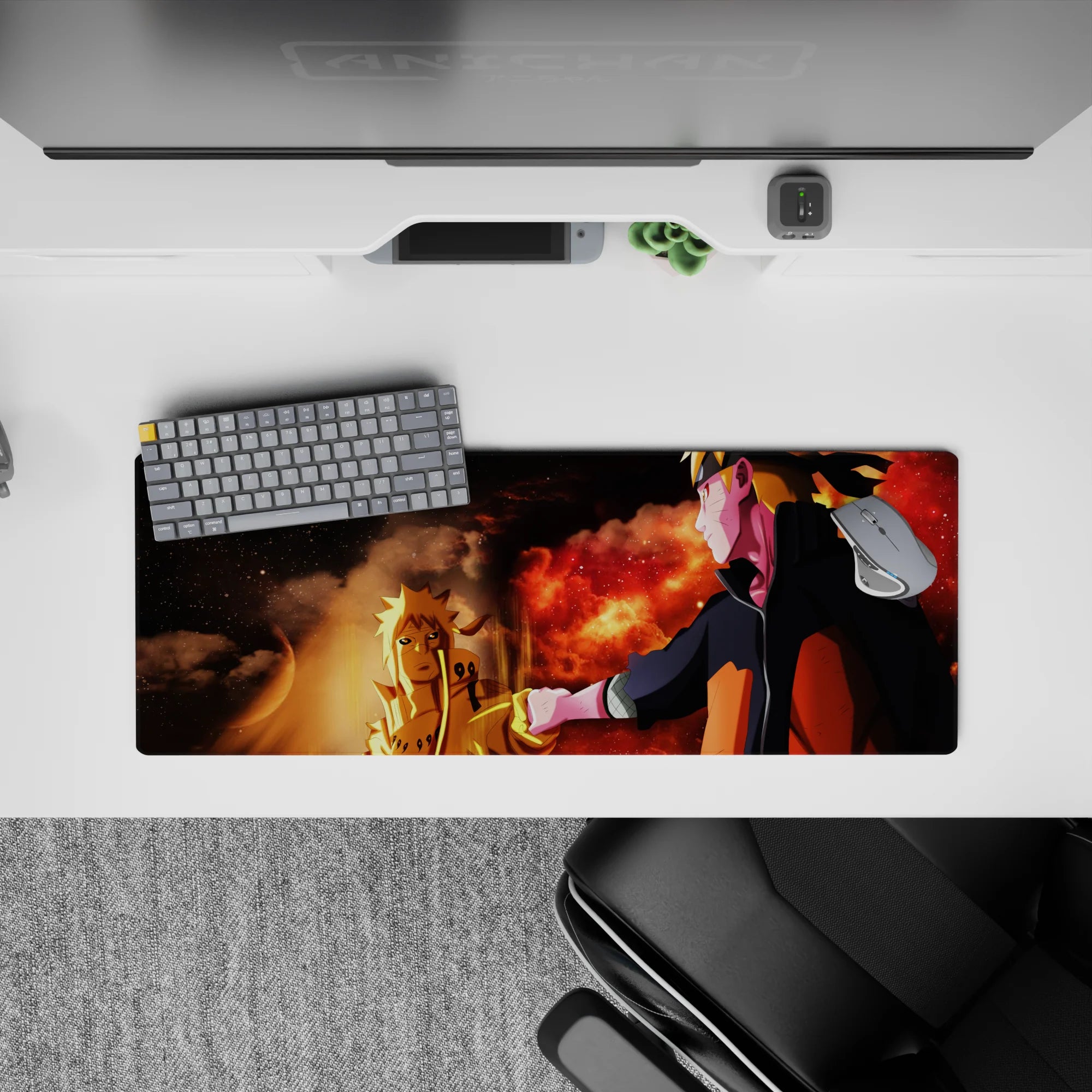 Anime mouse pad 32x12 inches in warm crimson and deep shadows with ember specks and glowing aura.