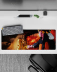 Anime mouse pad 32x12 inches in warm crimson and deep shadows with ember specks and glowing aura.