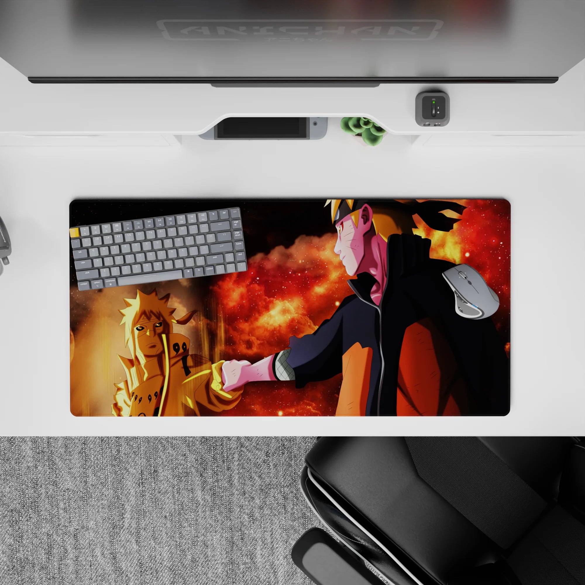 32x16 inches anime mouse pad in crimson clouds, ember specks, and deep shadows for a warm heroic vibe.