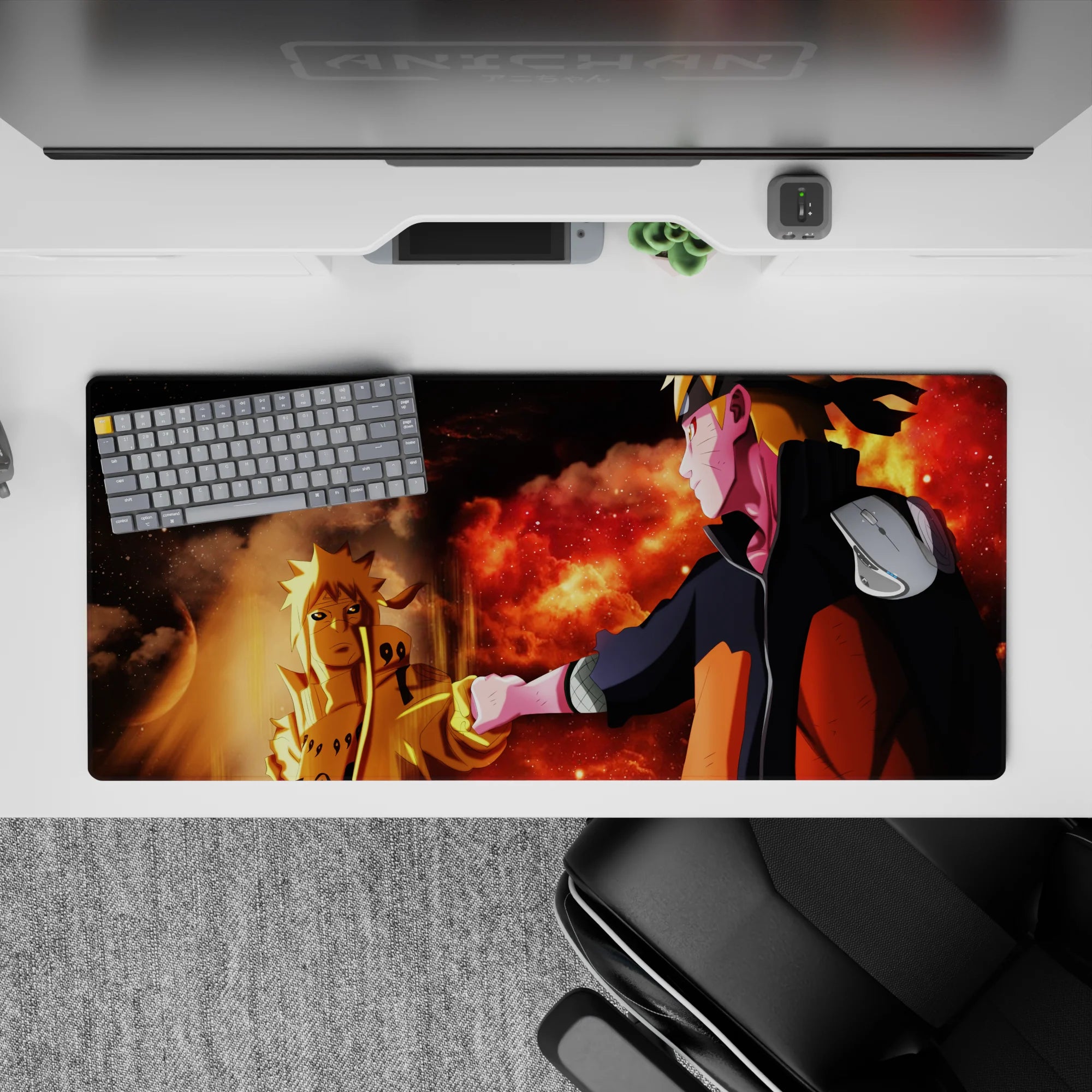 36x16 inches anime desk pad in warm crimson and shadow tones, ember specks, and glowing highlights.