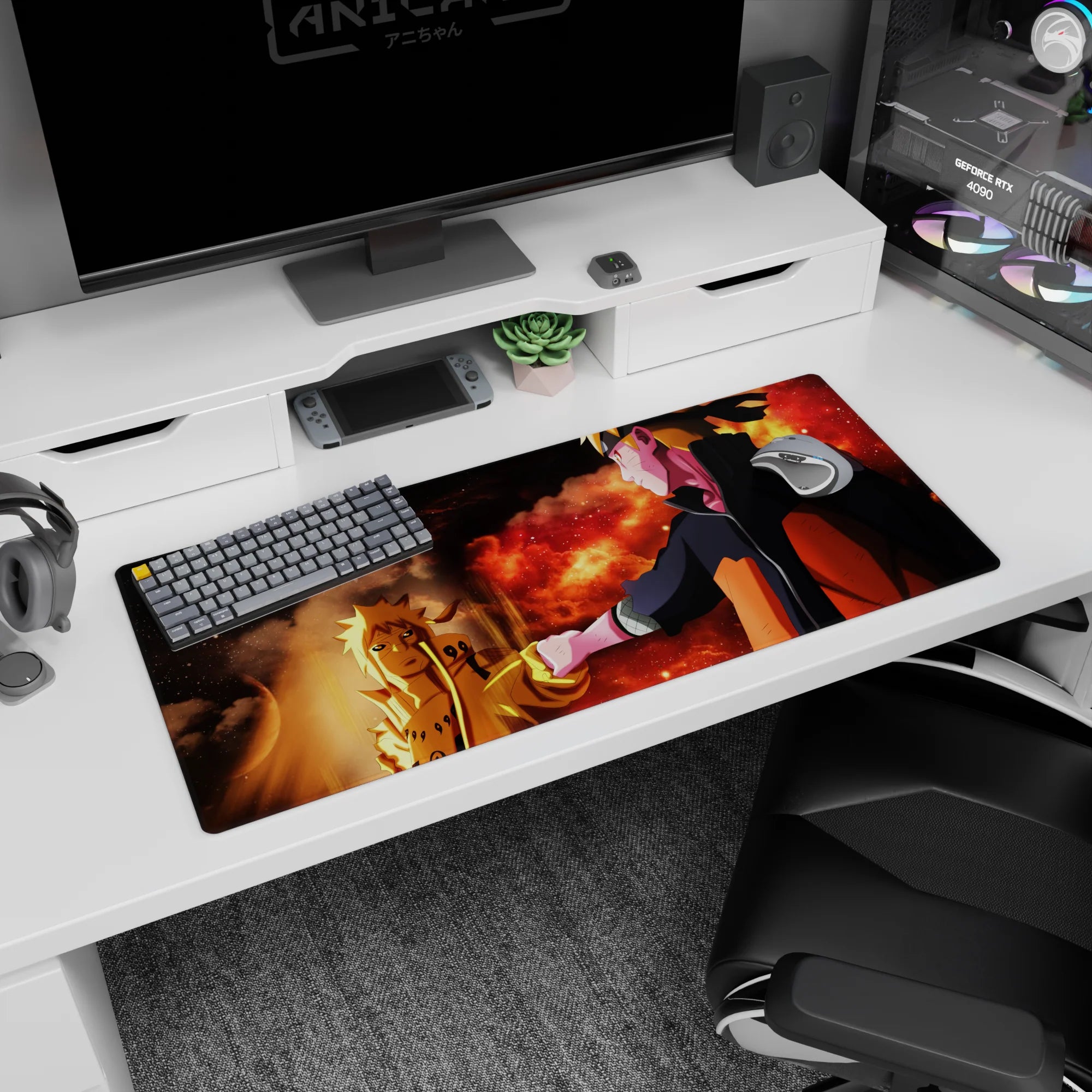 Naruto Uzumaki reaching toward his glowing Kurama Mode self on a 36x16 inches anime desk pad.