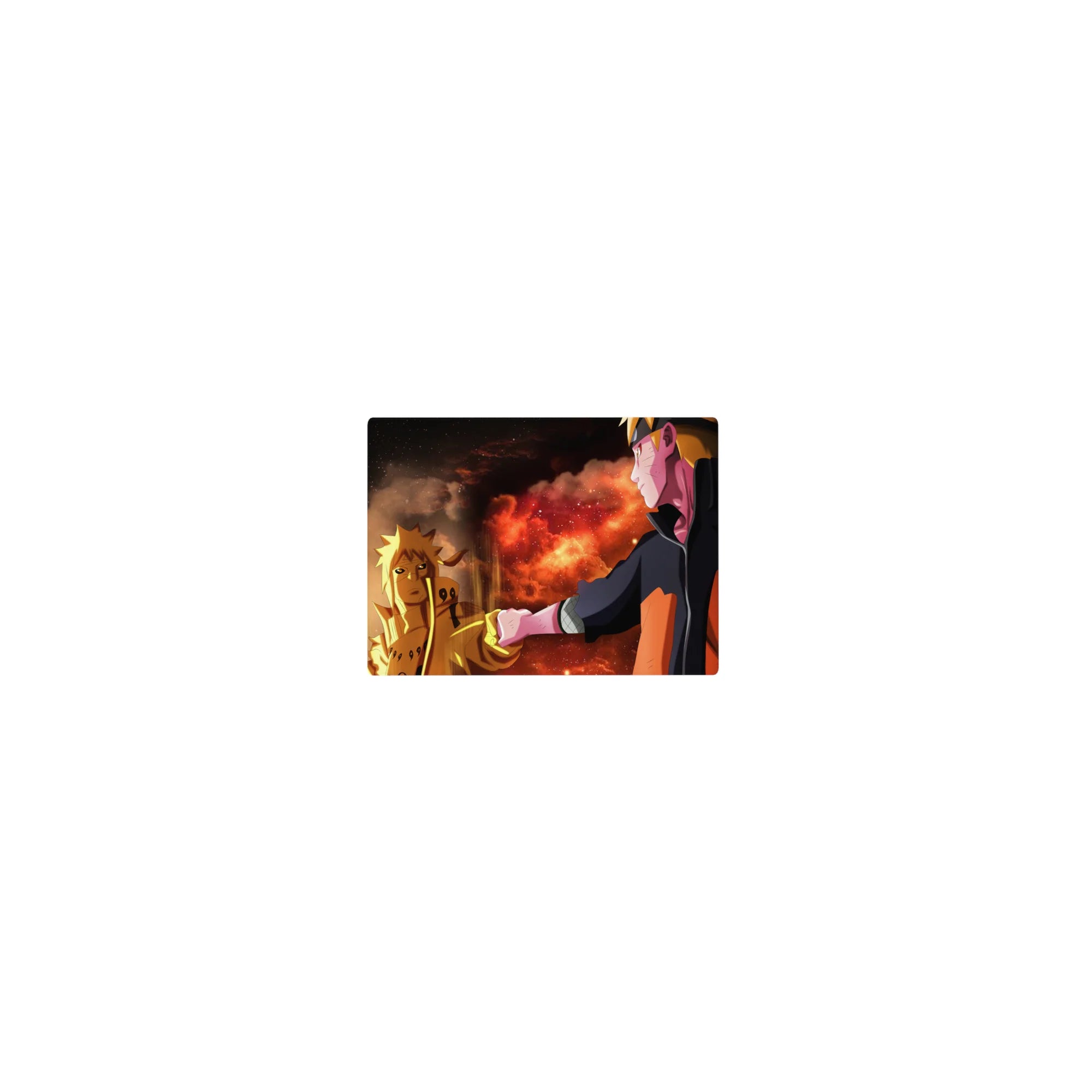 Classic anime mouse pad 14x10 inches with Naruto reaching toward glowing Kurama Mode on a fiery backdrop.
