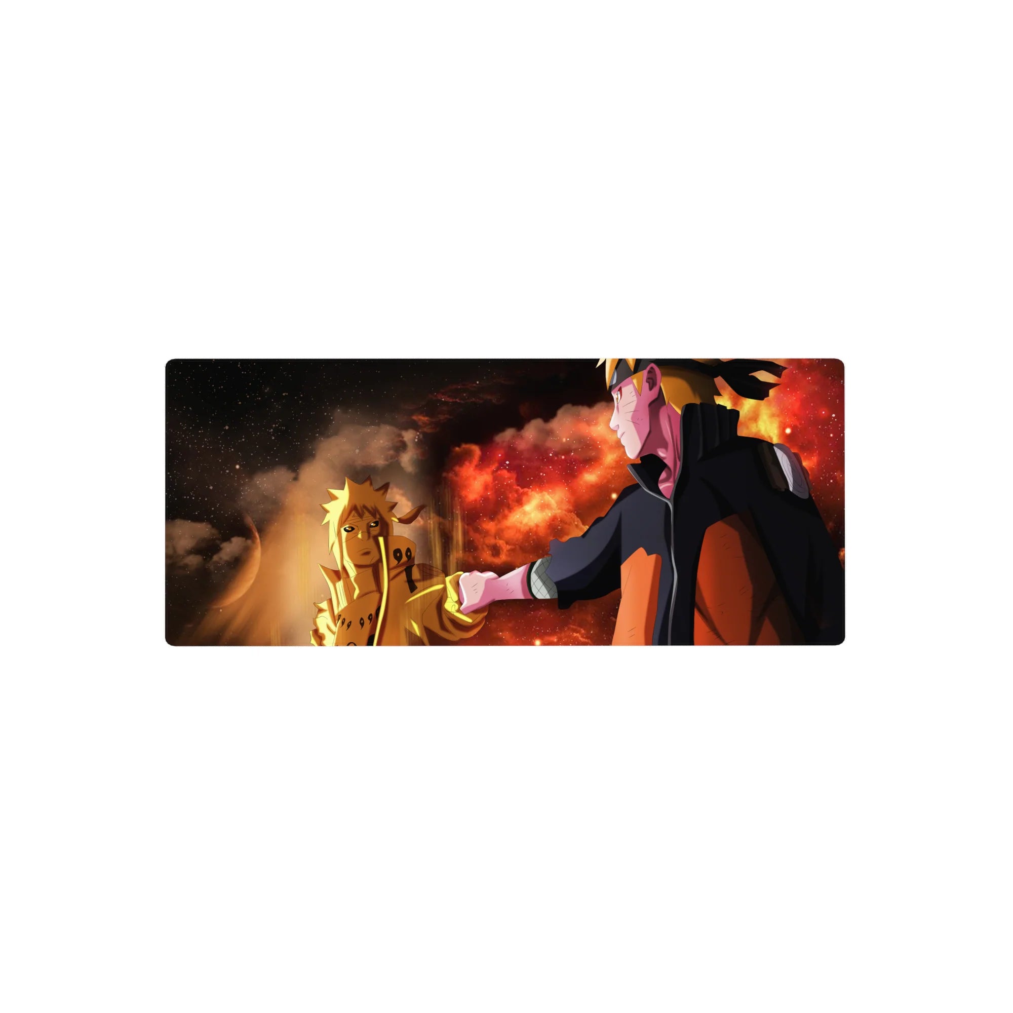 28x12 inches anime mouse pad with Naruto reaching toward glowing Kurama Mode, crimson clouds and embers.