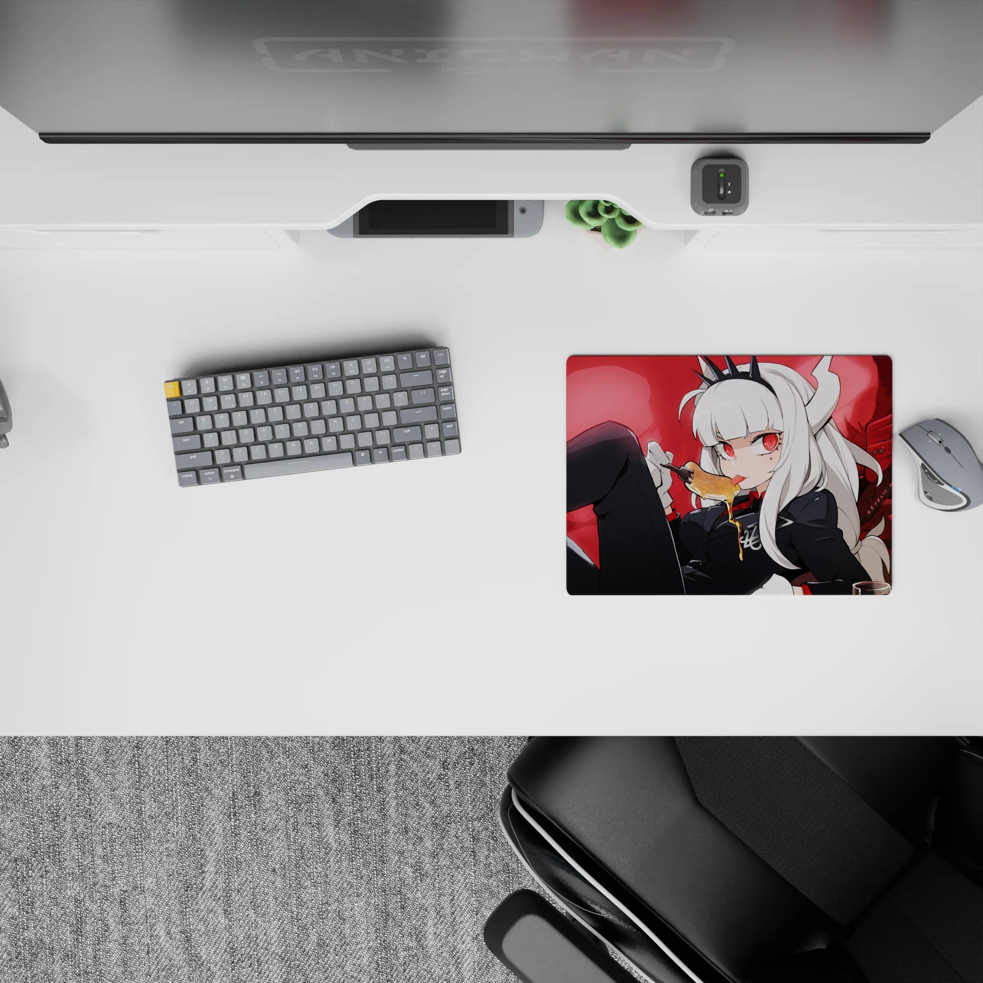 Gothic red-toned anime girl mouse pad 14x10 inches with deep shadows, honey drip, cozy chaos vibe.