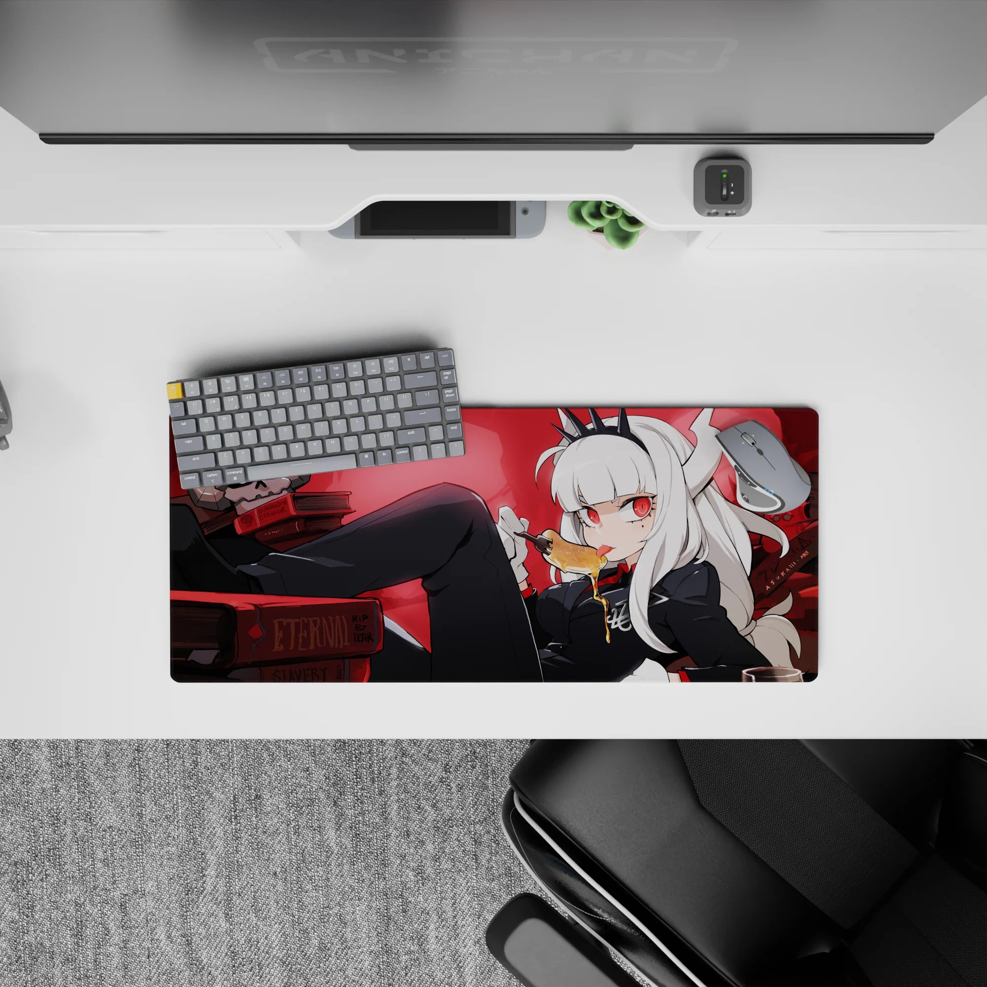 28x12 inches anime girl mouse pad in deep red glow, gothic cozy chaos vibe with honey and shadows.