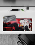 28x12 inches anime girl mouse pad in deep red glow, gothic cozy chaos vibe with honey and shadows.