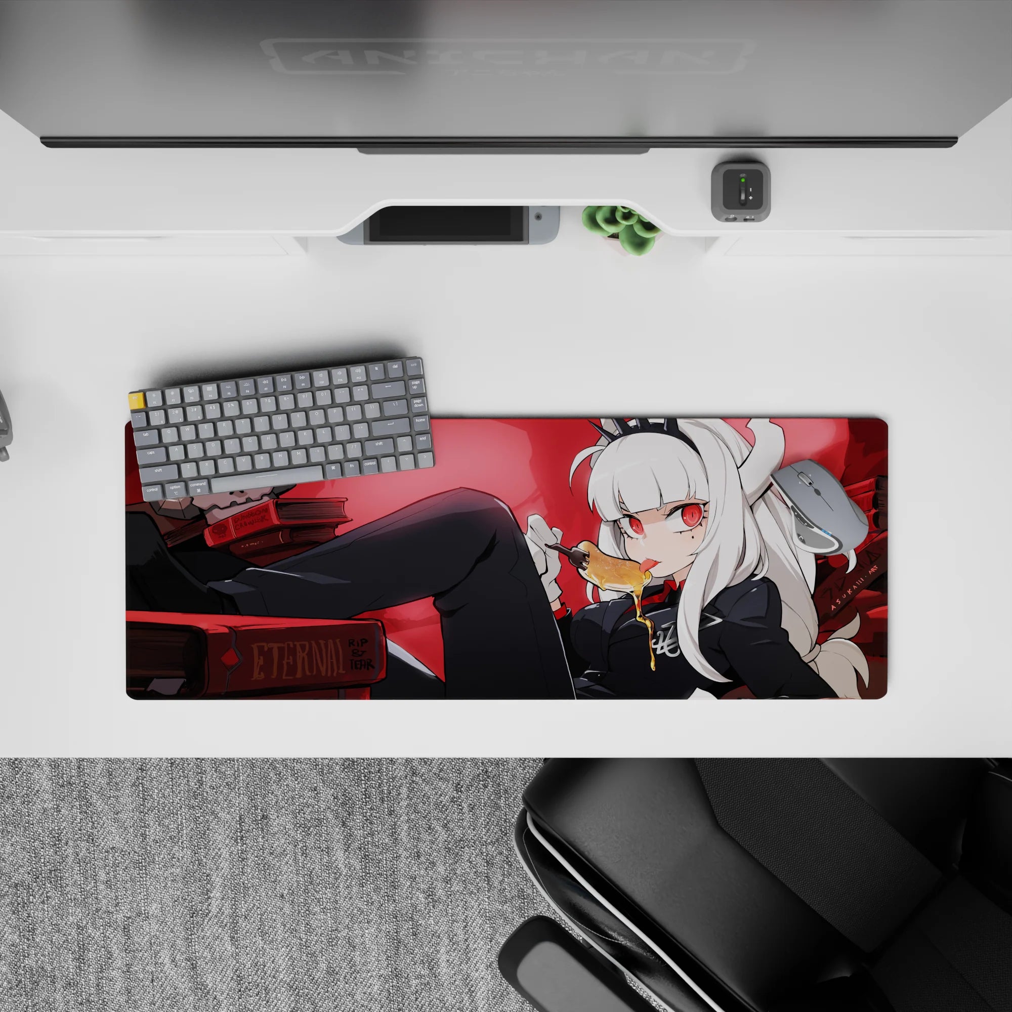 Gothic red anime girl mouse pad 32x12 inches with deep crimson glow, dark shadows, and cozy chaos vibes.