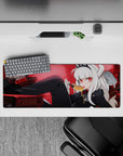Gothic red anime girl mouse pad 32x12 inches with deep crimson glow, dark shadows, and cozy chaos vibes.