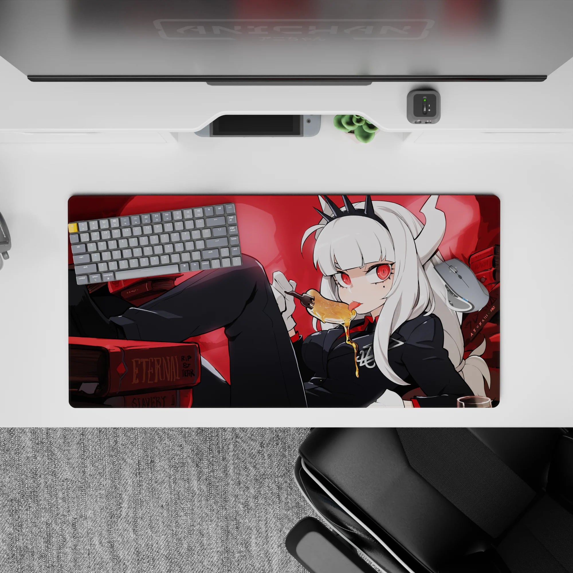 32x16 inches anime girl mouse pad in deep red gothic glow, cozy chaos vibe, shadowy books and skull decor.