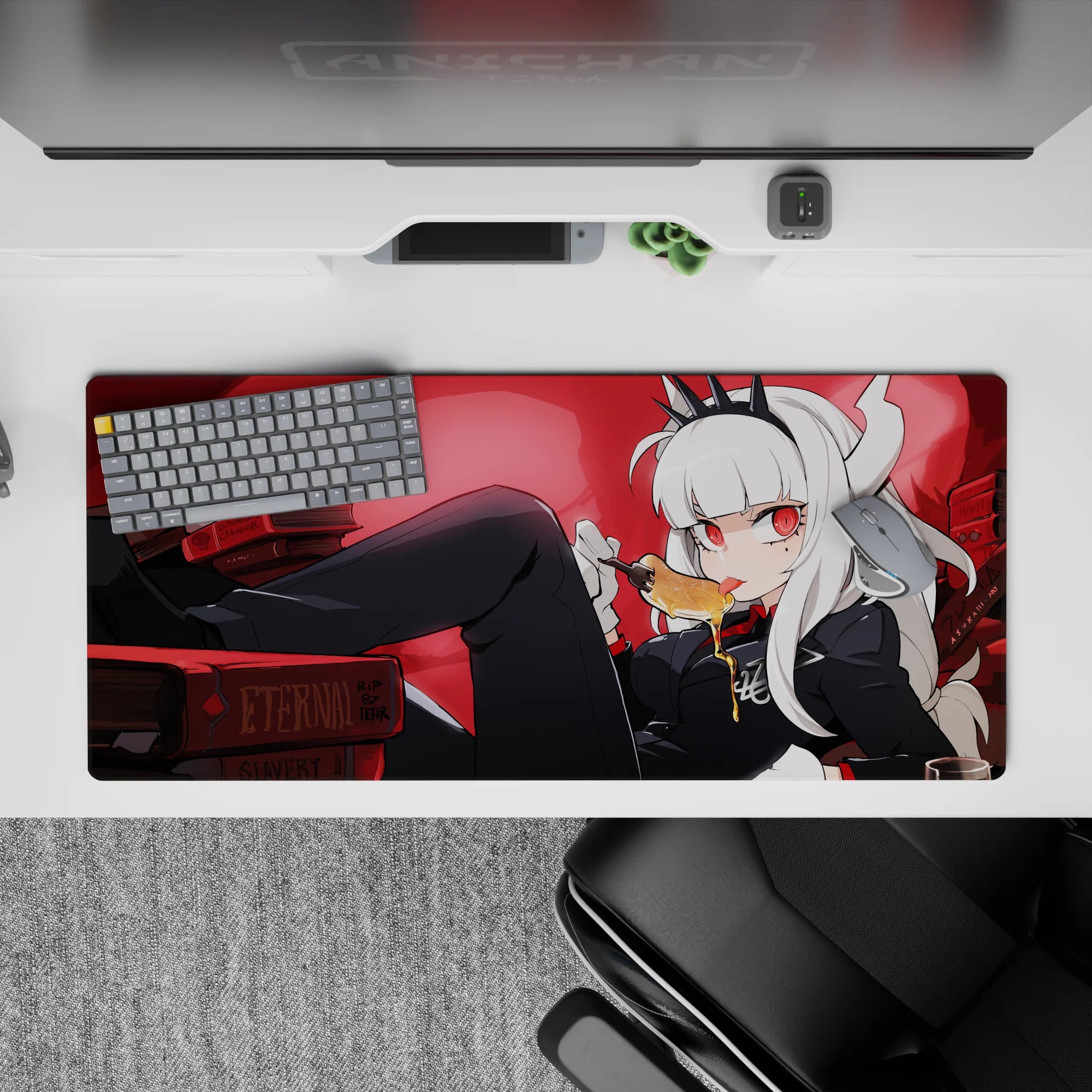 Gothic red-glow anime desk pad 36x16 inches with deep shadows, honey drip accents, cozy chaos vibe.