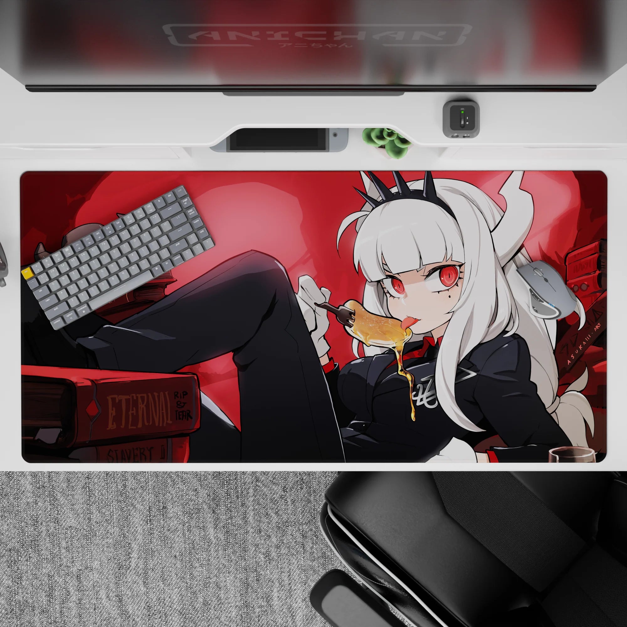 Deep red gothic anime desk pad 40x20 inches with cozy chaos glow, dark shadows, and honey-sweet vibe.