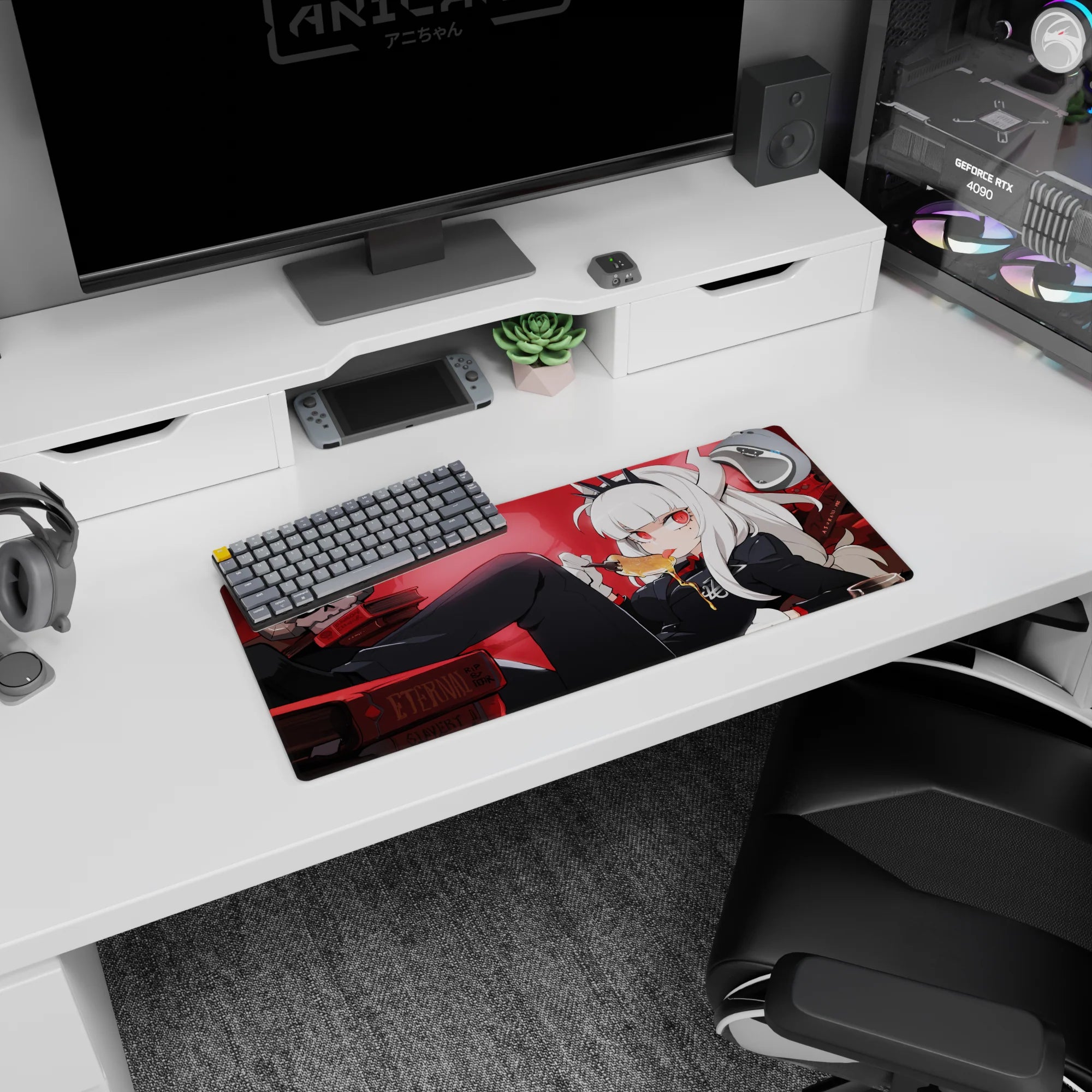 28x12 inches anime girl mouse pad showing demon girl lounging on desk, crimson eyes, spoon dripping honey.