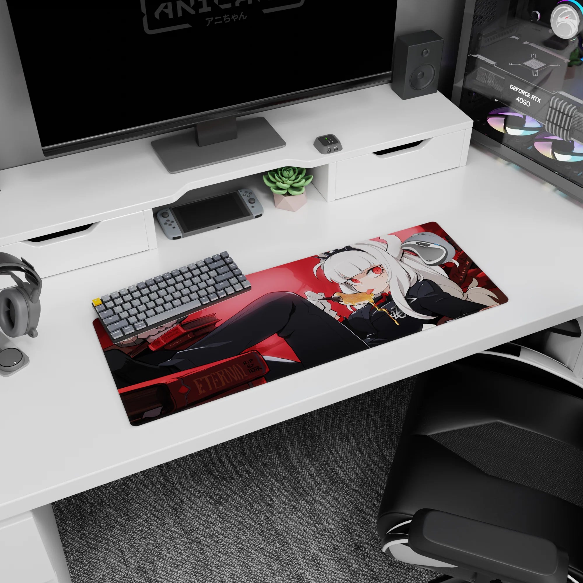 White-haired demon girl lounging with honey spoon on anime girl mouse pad 32x12 inches, crimson eyes.